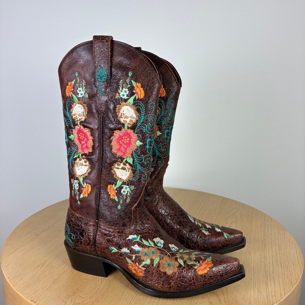 Macie Bean Floral Embroidered Leather Western Snip Toe Boots Women's 7.5 Cowgirl